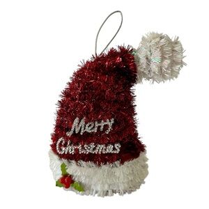 🦋 5/$25 - Merry Christmas Santa Hat Tinsel Ornament 5” Hanging Decoration